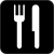 Un icono en blanco y negro con un tenedor y un cuchillo.